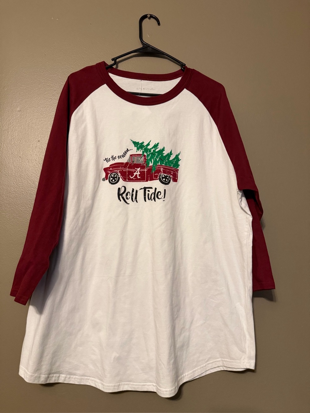 Sport-Tek White and Crimson Raglan Baseball Tee with Holiday Truck Graphic